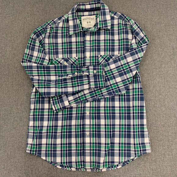 Men's Plaid Aeropostale Button Down Shirt Medium Long Sleeve 100% Cotton Green B - Picture 6 of 15